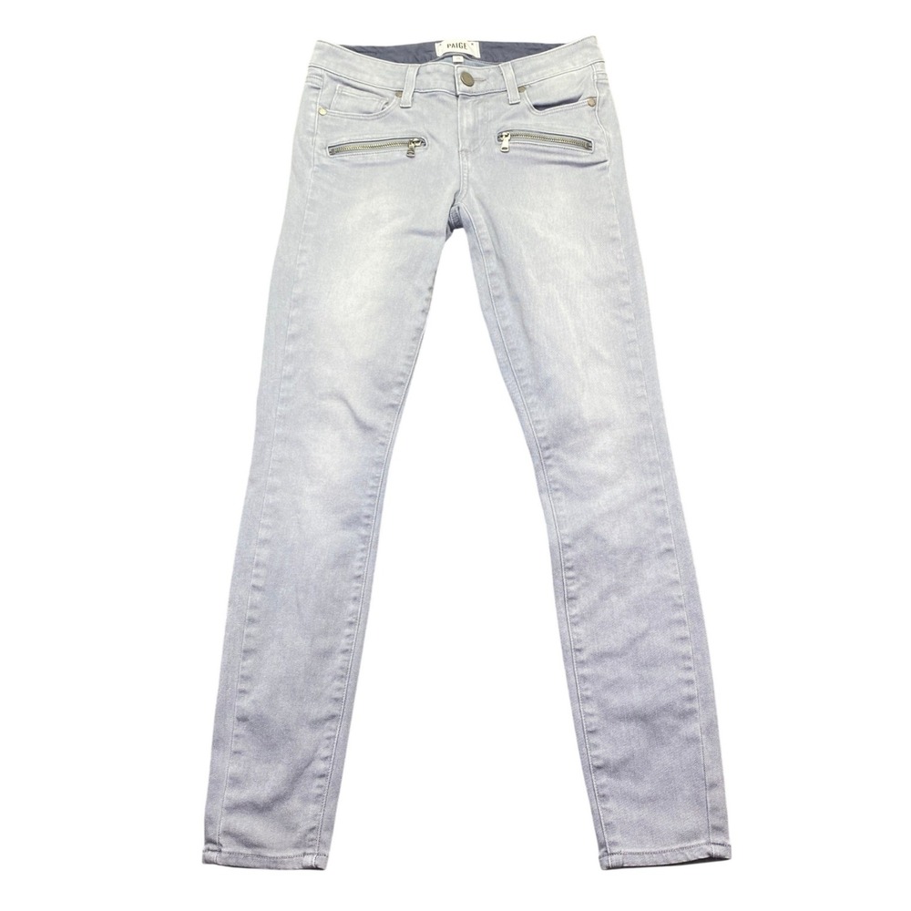 Paige Indio Zip Skinny Jeans Light Grey Low Rise Moto Zipper Pockets Size 26